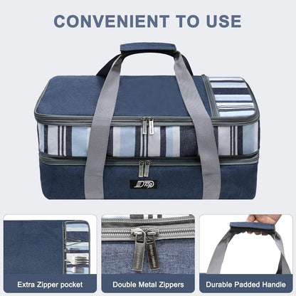 Double Decker Insulated Casserole Carrier, Expandable Thermal Food Warmer Bag Fits 9x13 Dish, Leak-Proof Potluck Lasagna Holder with Utensil Pocket for Picnic Party Cookout (Blue)