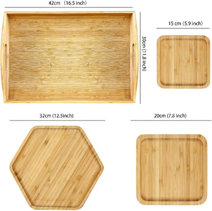 Bamboo Serving Trays Charcuterie Platter 16.5"x11.8"（42x30cm with Handle, Set Includes 1xHexagon 12.5"(32cm)+1xSquare 7.8"(20cm)+1xSquare 5.9"(15cm) Small Plates for Family Dinner