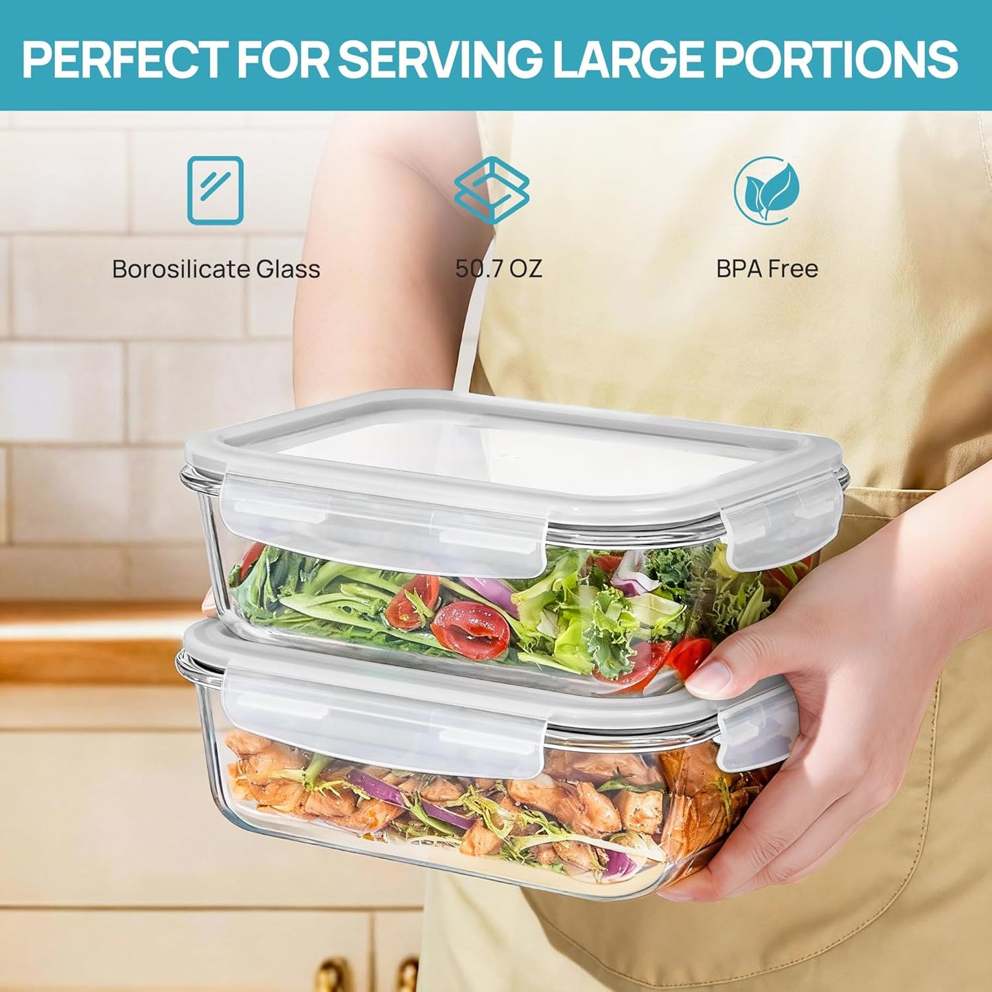 Vtopmart 2Pack 1860ml/63oz Large Glass Storage Containers with Lids, Meal Prep Food Container Set with Snap Airtight Lid for Baking, Microwave, Oven, Leak Proof, for Freezer, Dishwasher, Grey