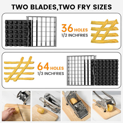 Professional French Fry Cutter - Stainless Steel Potato Slicer with 2 Blades (1/2 and 1/3 Inch) and Non-Slip Suction Feet for Homemade French Fries, Chips & Sweet Potatoes (Silver, 1PCS)