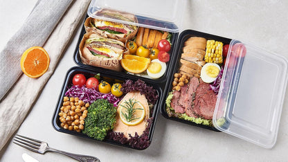 FULING 32 oz 50 ct Round Meal Prep Containers with Lids Plastic Food Storage Lunch Plan To Go Box Disposable Take Out Bowls Black BPA Free Reusable Durable Stackable Microwave Freezer Dishwasher Safe