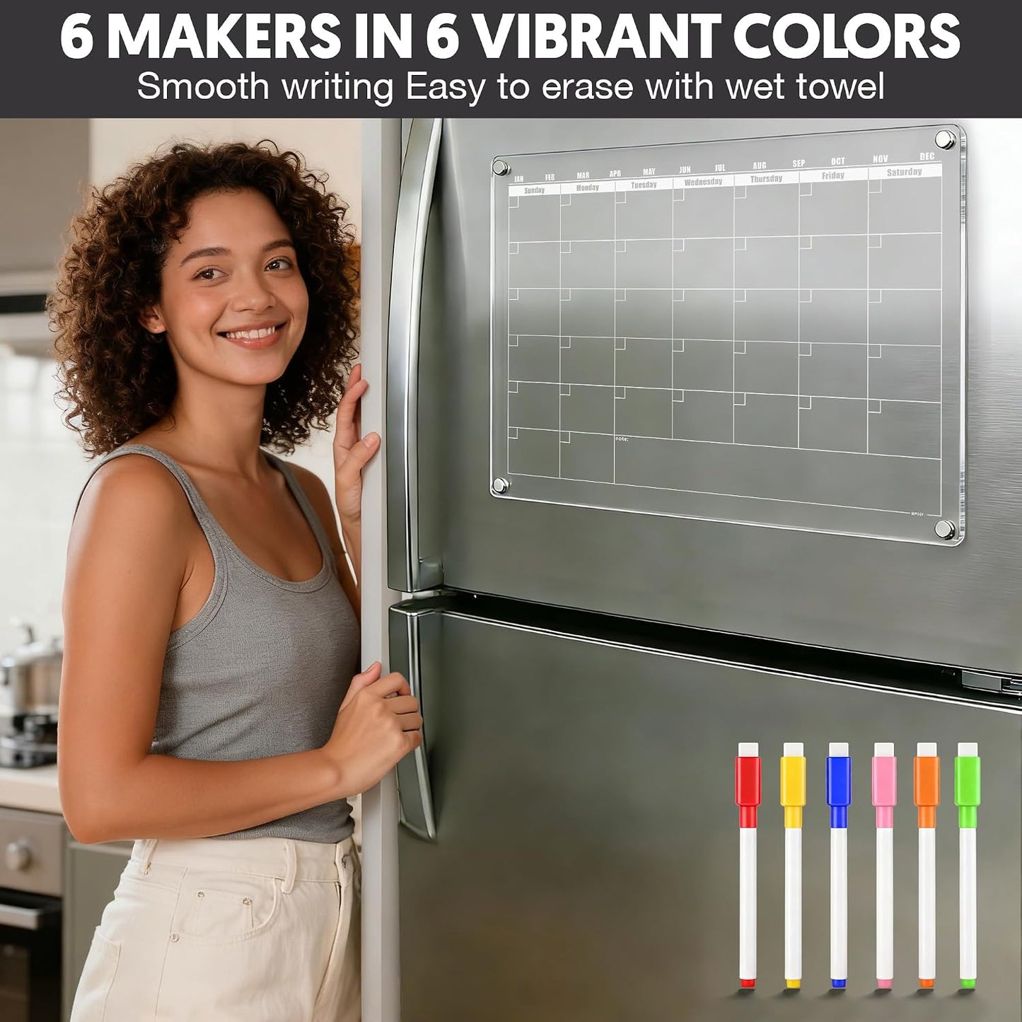 Acrylic Magnetic Dry Erase Calendar for Fridge Clear 37 * 27cm Vertical Weekly Meal Planner Menu Erasable Whiteboard Planning Board White 15" x 11" in/ 6 Color Wet Erase Marker
