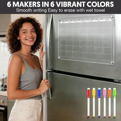 Acrylic Magnetic Dry Erase Calendar for Fridge Clear 37 * 27cm Vertical Weekly Meal Planner Menu Erasable Whiteboard Planning Board White 15" x 11" in/ 6 Color Wet Erase Marker