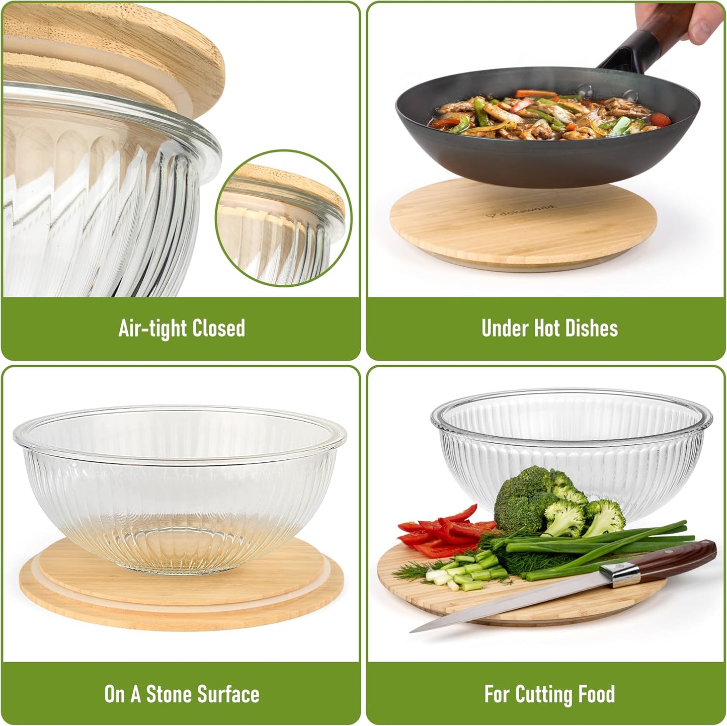 Set of 4 Stackable Space-Saving Nesting Glass Bowls with Airtight Acacia Lids for Lunch, Meal & Food Prep - Microwave & Oven-ready BPA Free Durable Heat Resistant Inert Borosilicate Glass