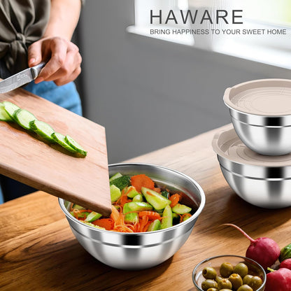 HaWare Mixing Bowls with Airtight Clear Lids, 6-Piece Stainless Steel Strong Nesting Bowls Set, Metal Salad Bowl for Cooking, Prepping, Baking, Serving & Food Storage, Size 4.6, 3, 1.5QT, Khaki