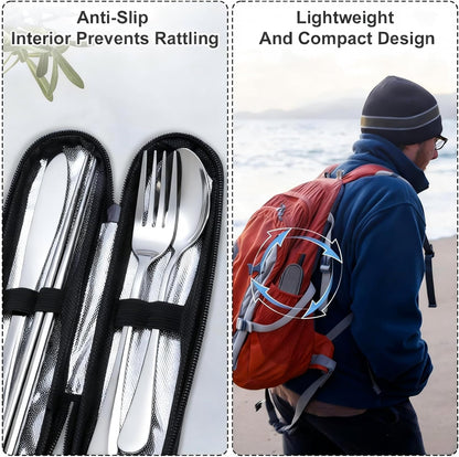 Reusable Travel Utensils Set with Case, Premium Stainless Steel Flatware, Portable Silverware for Lunch, Camping, Picnic, Travel Fork and Spoon Set, To Go Utensils, Dishwasher Safe