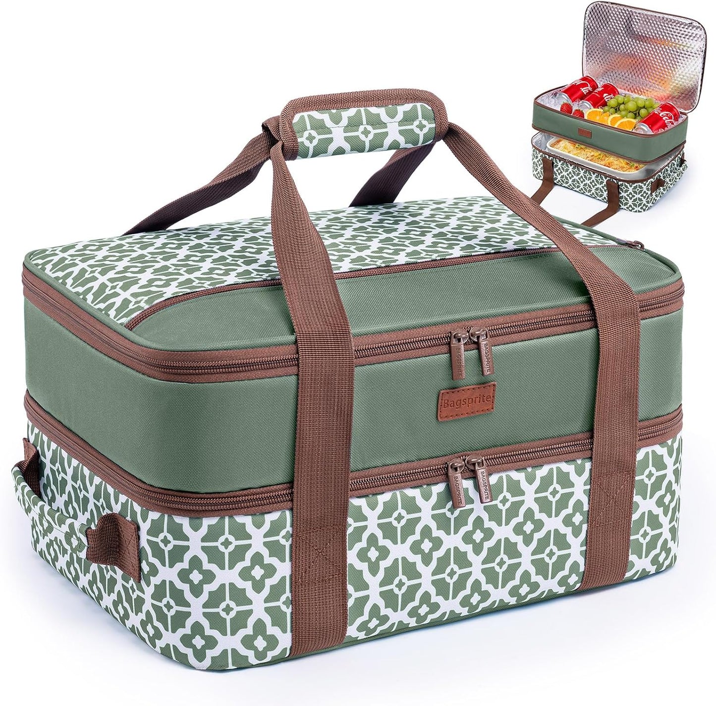 Double Layer Insulated Casserole Carrier, Fits 9" x 13" Baking Dish, Food Transport Carrier with Utensil Pocket for Hot & Cold Dishes, Reusable Potluck Tote for Thanksgiving, Parties&Family Gatherings