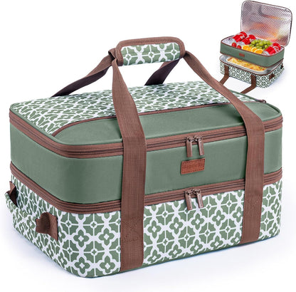 Double Layer Insulated Casserole Carrier, Fits 9" x 13" Baking Dish, Food Transport Carrier with Utensil Pocket for Hot & Cold Dishes, Reusable Potluck Tote for Thanksgiving, Parties&Family Gatherings