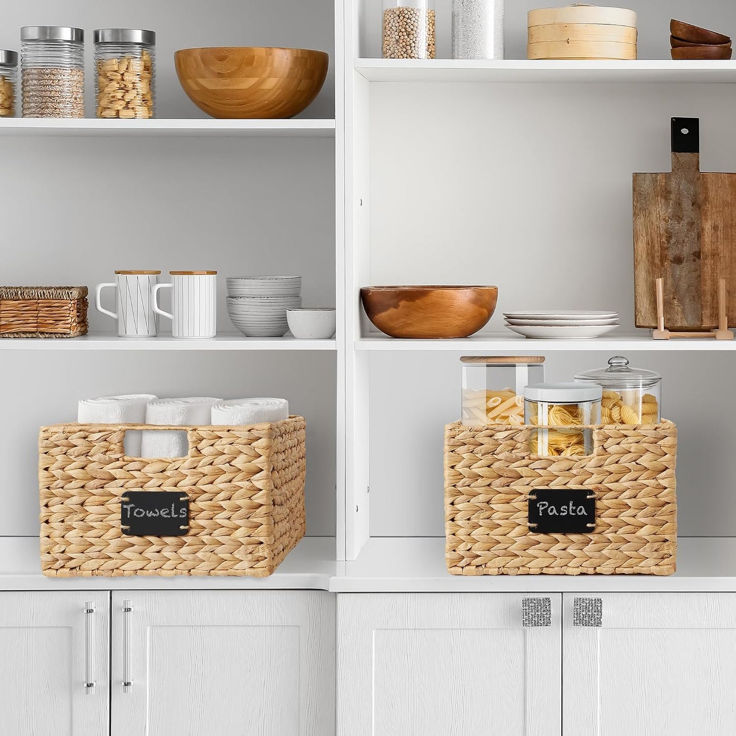 Casafield Set of 4 Water Hyacinth Pantry Baskets, 10" x 13" x 5", with Chalkboard Labels and Chalk Marker - Natural, Woven Storage Bin Organizers for Kitchen Shelves