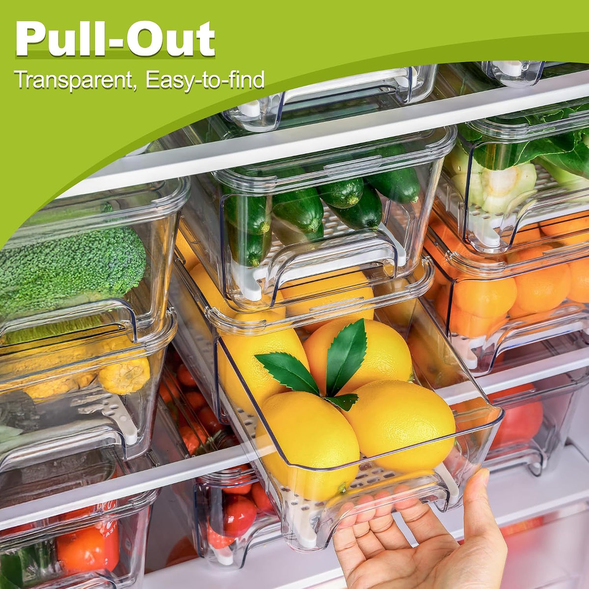 Fruit Storage Container for Fridge with Pull-Out Drawer, Drain Layer | 3 Pack, Keeps Fruits and Vegetables Fresh & Dry, Stackable Design, Clear View, Helps Reduce Odors, with Anti-Slip Base