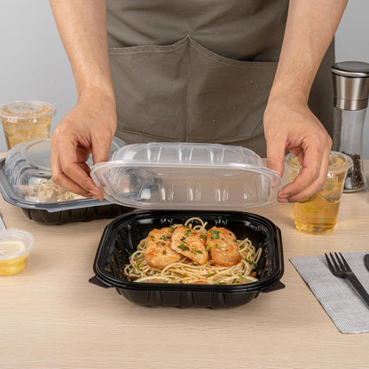 Thermo Tek 40 Ounce Clamshell Containers, 50 Disposable Take Out Boxes - 3 Compartments, Ventilated Lids, Black Plastic Meal Prep Containers, Microwavable, For Pasta Or Salads - Restaurantware