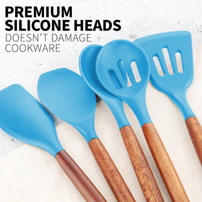 Zulay Kitchen Utensils Set Non-Stick Silicone Cooking Utensils Set with Authentic Acacia Wood Handles - 5 Piece Silicone Utensil Set - Kitchen Utensils Set with 464°F Heat Resistance - Gray