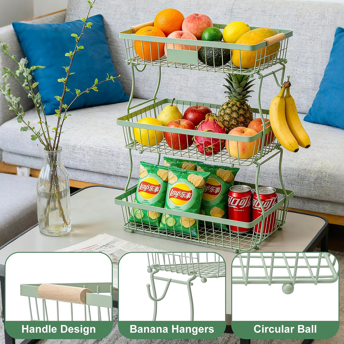 Fruit Basket Bowl 2 Tier Detachable with 2 Banana Hangers, Fruit Stand Holder for Kitchen Countertop, Metal Wire Vegetable Storage Organizer, for Bread Snack Veggies Produce, Black