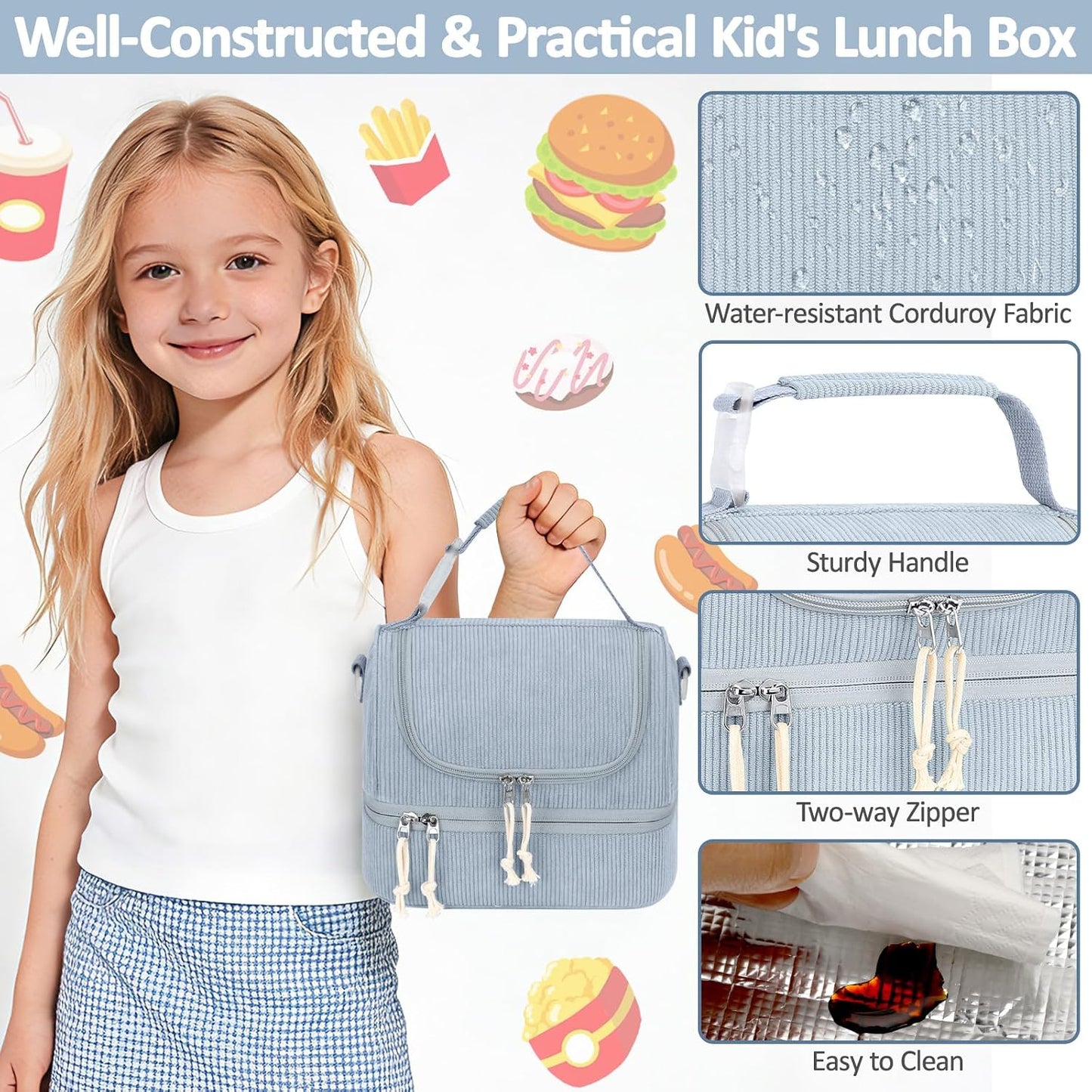 Vankor Corduroy Lunch Box Kids Insulated Lunch Bag Double Decker, Cute Leak-Proof Lunch Box for Boys Girls, Portable Cooler Lunch Bag Thermal Lunch Tote for School Picnic Travel, Light Blue