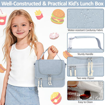 Vankor Corduroy Lunch Box Kids Insulated Lunch Bag Double Decker, Cute Leak-Proof Lunch Box for Boys Girls, Portable Cooler Lunch Bag Thermal Lunch Tote for School Picnic Travel, Light Blue