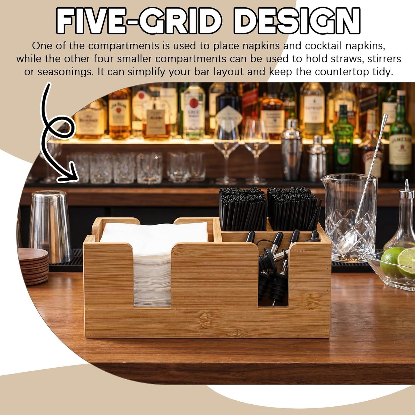 Mifoci Wooden Bar Caddy with 6 Compartments, Acacia Wood Bar Caddy Napkin & Straw Holder Organizer Cocktail Napkin Holder Condiments for Home Office Kitchen Countertop (Brown, 10.6 L x 5.5 W)