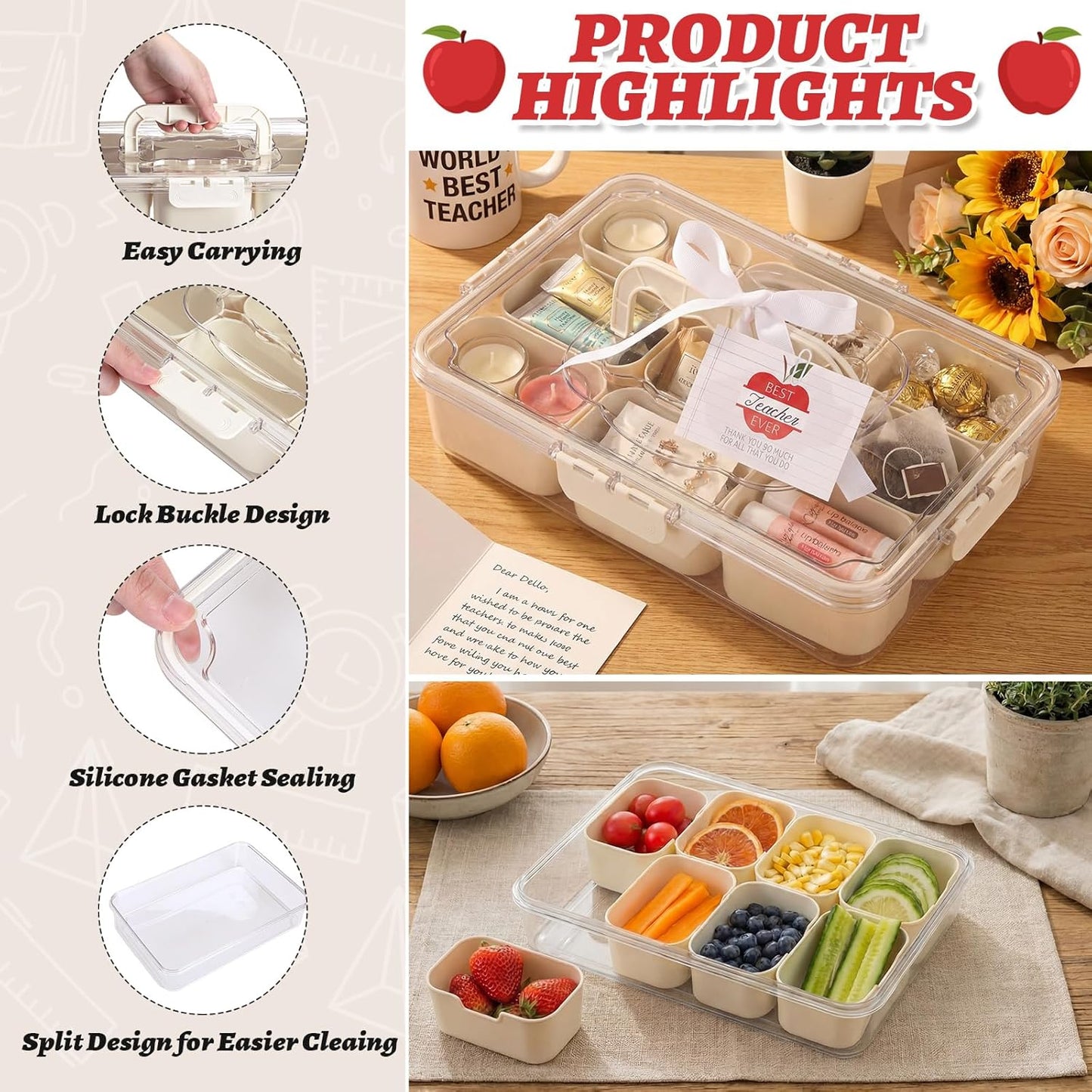Qunclay 2 Set Teachers Appreciation Gift Boxes Container Divided Serving Tray with Lid and Handle Snack Organizer with Apple Cards and Ribbon for National Teacher Week Appreciation End of Year Gifts