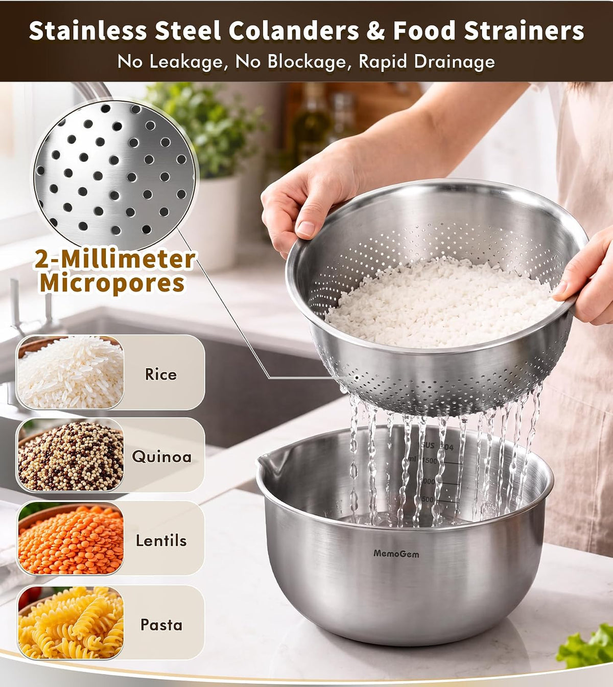 304 Stainless Steel Fine Mesh Colander Set, 1QT Large Capacity Strainer with Mixing Bowl, Rust Resistant Metal Strainer Bowl for Rinse Fruits, Veggies, Rice & Drain Pasta, Cooking, Dishwasher Safe