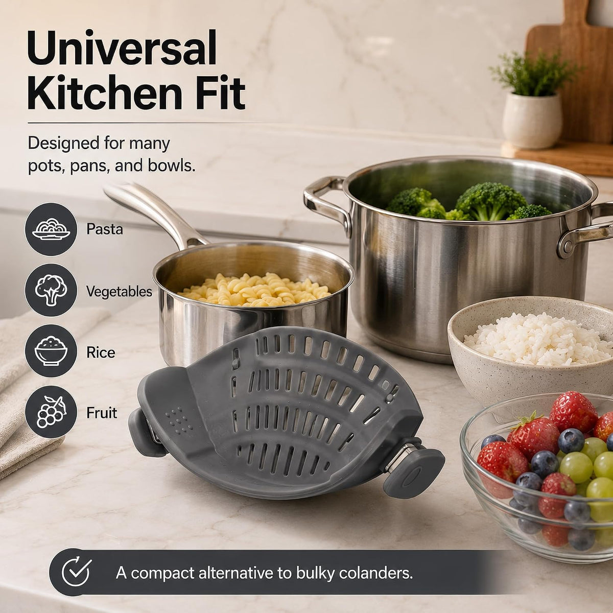 Clip-On Silicone Pot Strainer, Hands-Free Pasta Colander, Grey
