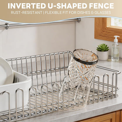 Expandable Over The Sink Dish Drainer Drying Rack, Stainless Steel Metal, Small Adjustable Dish Drainer Drying Rack for Kitchen Counter, Space Saving for Compact Kitchen