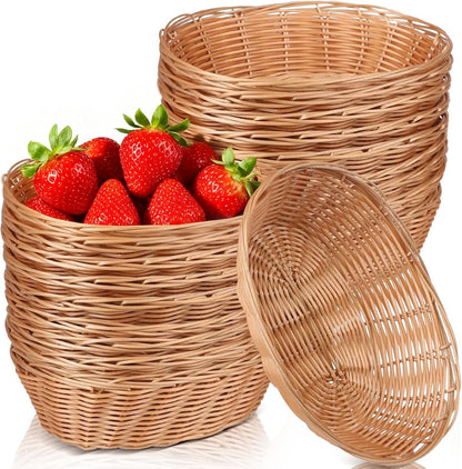 20 Pack Oval Poly Wicker Baskets — 9.1 x 6 x 2.6 Inch Wicker Bread Baskets, Small Size Gift Baskets for Kitchen, Restaurant, Fruit Storage, and Food Display