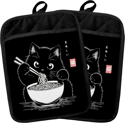 Japanese Black Cat Eating Ramen Pot Holders Heat Resistant, Cat Lover Mom Lady Gifts, Cute Black Kitty Kitten Oven Potholder Hot Pads for Kitchen Countertops Baking Cooking