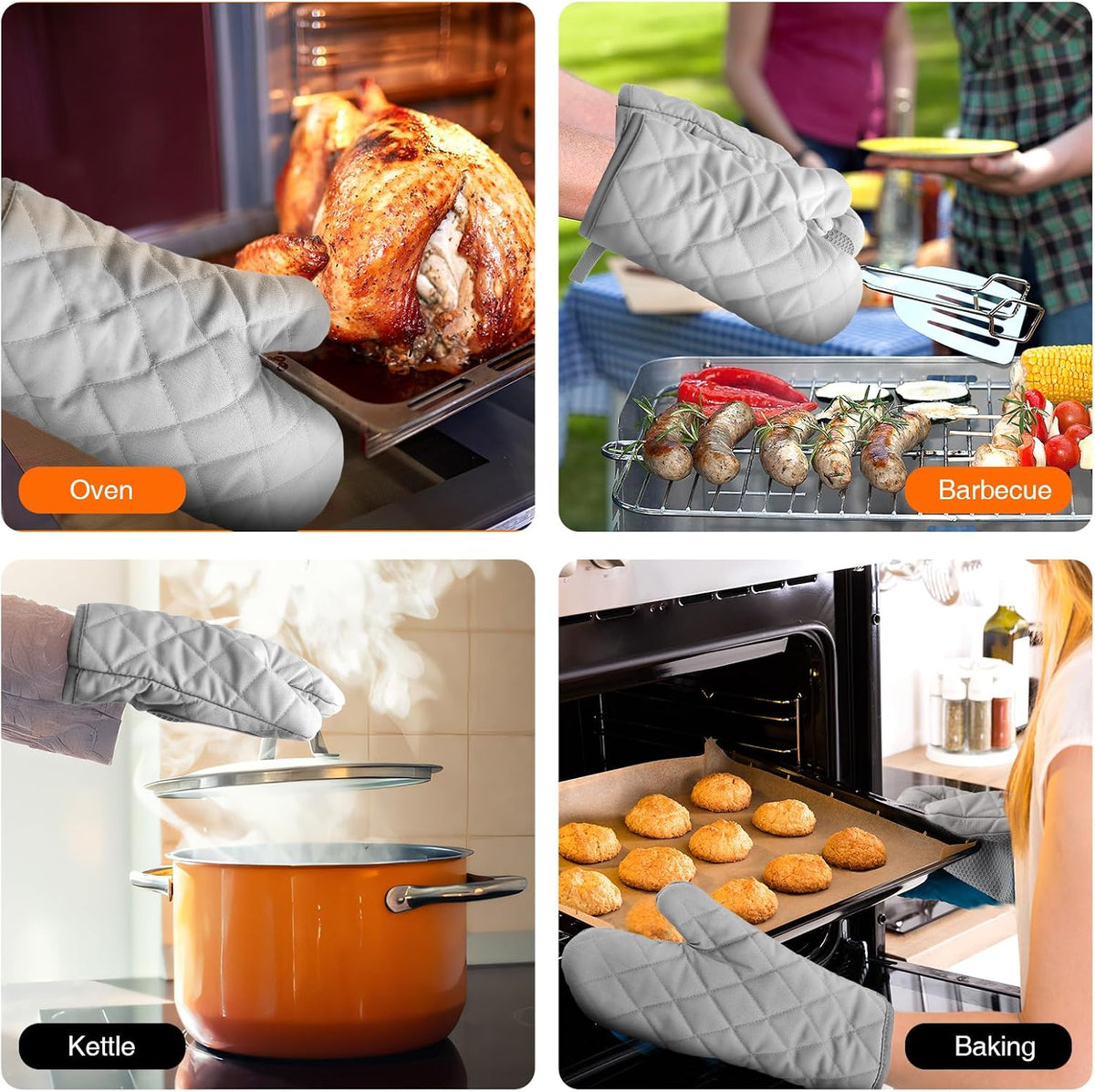 Silicone Oven Mitts, Heat Resistant 2PCS Oven Mitts with Soft Cotton Lining, Waterproof Non-Slip Grip Oven Glove, Kitchen Potholder Mits for BBQ, Baking, Cooking, 12.5 Inch - Grey