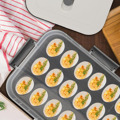 BTSKY Deviled Egg Platter with Lid, 3-Layer 54 Slots Deviled Eggs Carrier, Clear Portable Egg Holder for Fridge Reusable Deviled Eggs Tray Carton Box for Easter and Party Favor (3-Layer, Orange)