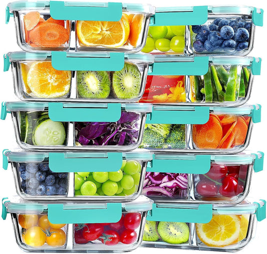 VERONES 10 Pack Glass Meal Prep Containers 2 Compartment Set, 30 OZ Airtight Glass Lunch Containers, Food Storage Containers with Lids, for Microwave, Oven, Freezer & Dishwasher Friendly，Red