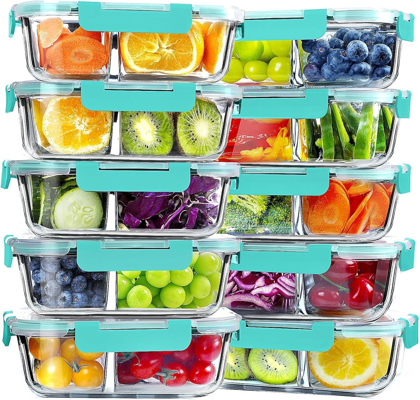 VERONES 10 Pack Glass Meal Prep Containers 2 Compartment Set, 30 OZ Airtight Glass Lunch Containers, Glass Food Storage Containers with Lids, for Microwave, Oven, Freezer & Dishwasher Friendly，Grey