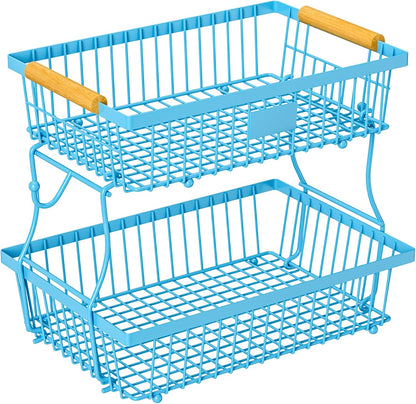 2 Tier Fruit Basket for Kitchen Counter with 2 Banana Hangers, Countertop Metal Bread Basket with Wooden Handle, Large Storage Stand for Vegetables, Snacks, Eggs, Produce Storage – Black