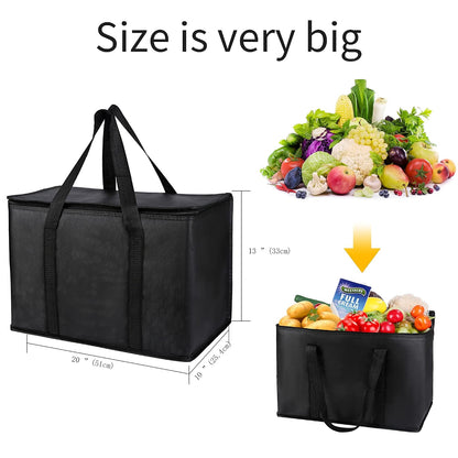 musbus 2-Pack, XL-Large Insulated Grocery Shopping Bags, Black, Reusable Bag,Thermal Zipper,Collapsible,Tote,Cooler,Food Transport hot and Cold,Camping