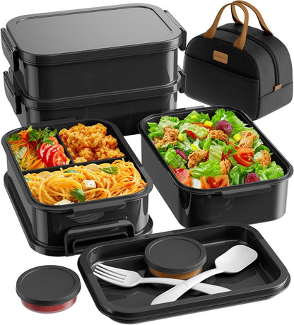 KEMETHY Adults Bento Lunch Box Set with Thermo Bag, 74oz Stackable Leak-proof 3-tiers Bento Box, Built-in Utensil and Sauce Container for Work, School, Dining Out (Gray)