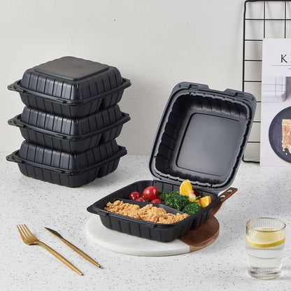 FULING [8x8-Inch, 50 Pieces, 3-Compartment Disposable To Go Box Containers, Plastic Clamshell Takeout Food Trays, Microwave Safe, Cut Resistantstable Hinged Lid, Hybrid Polypropylene, White