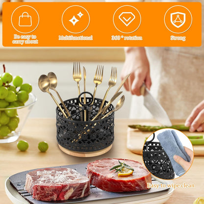 360° Rotating Utensil Caddy Countertop, Cutlery Silverware Caddy Holder with 4 Compartment, Rotation Fork Spoon Napkin Organizer for Party Countertop Buffet Picnic Camping Outdoor