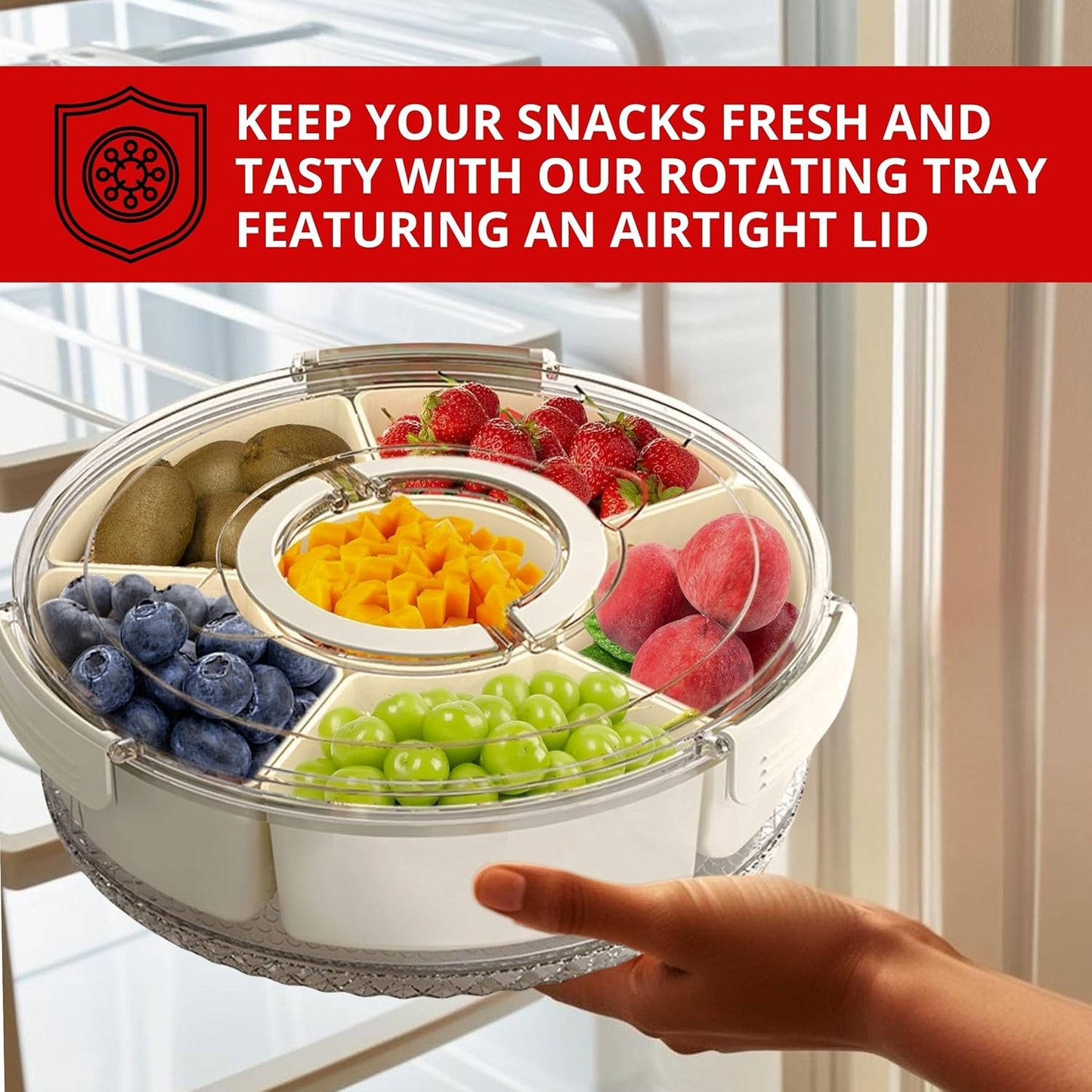 12" Divided Rotating Serving Tray with Lid and Handle — Clear Snack Spinner Organizer and Storage 12 Inch Portable Snackle Box for Fruits Snacks Veggie Charcuterie with 6 Compartments