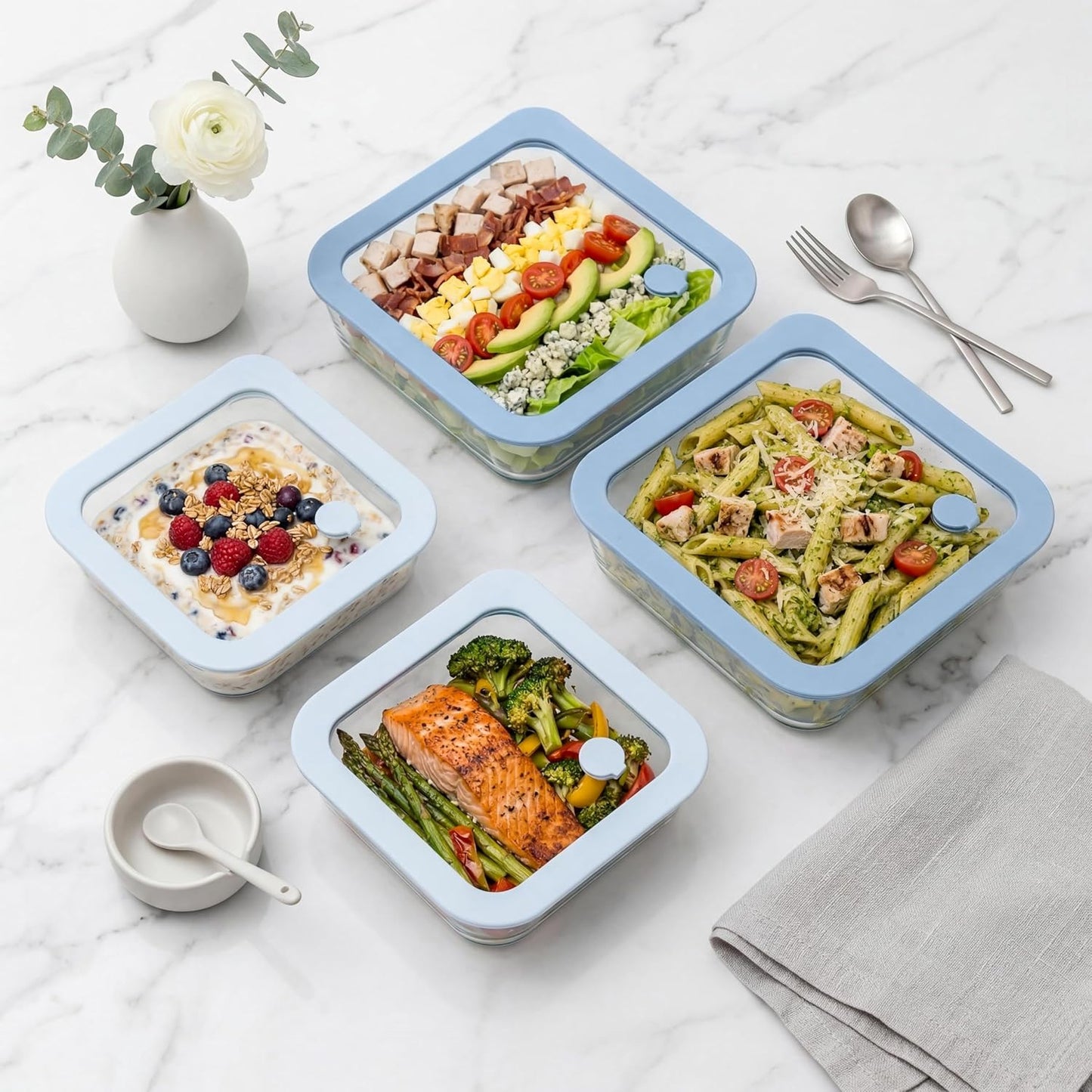 Urban Green Glass Food Container Set with Glass Lid, 5 Pack, Meal Prep Containers with Silicone Framed Airtight Lid, Leakproof, 100% Plastic Free