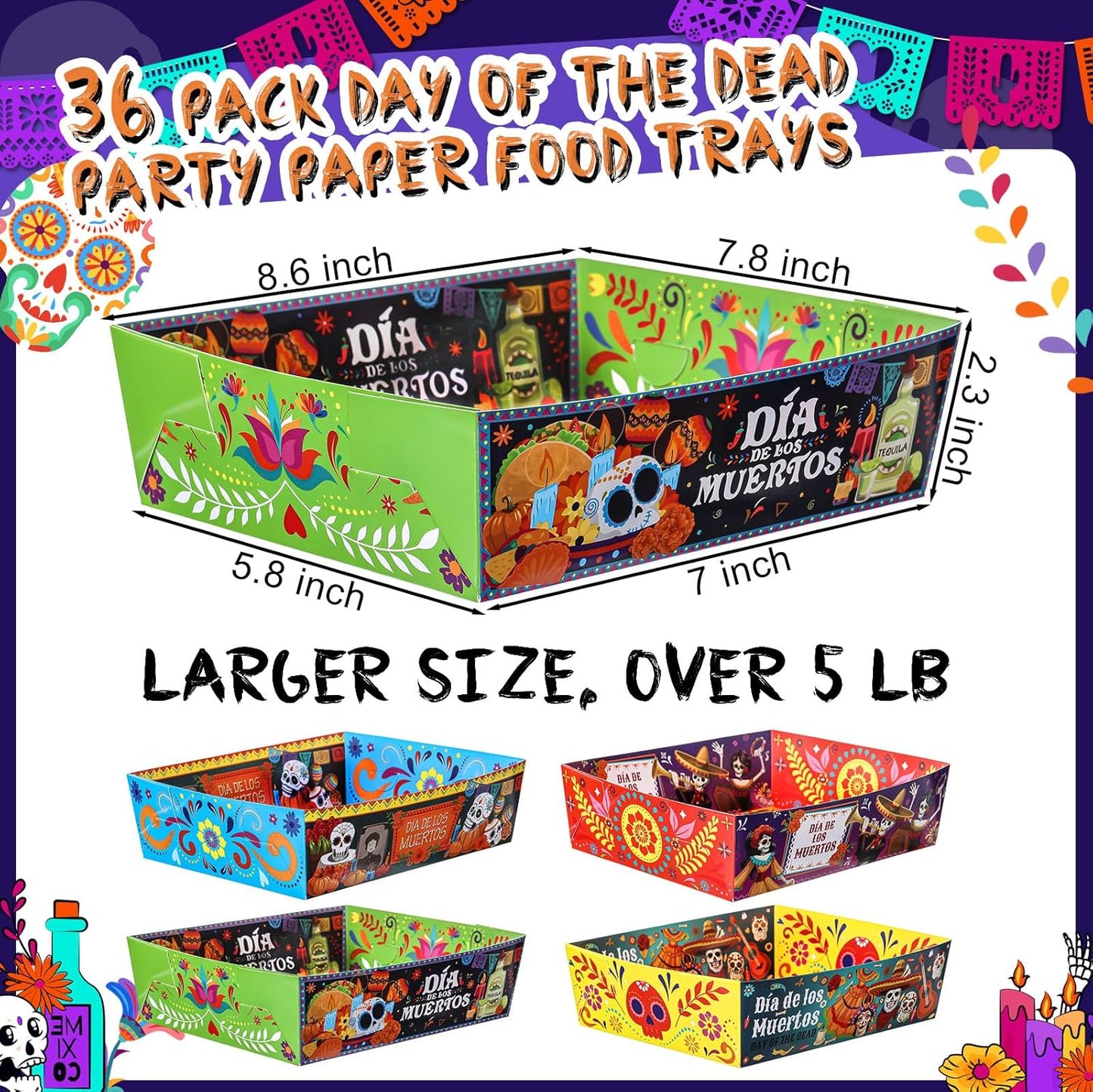 Harloon 36 Pack Mexican Nacho Trays 5 lb Extra Large Mexican Paper Food Trays Fiesta Disposable Cardboard Serving Boats for Cinco De Mayo Taco Fries Snacks Birthday Party Supplies(Floral)