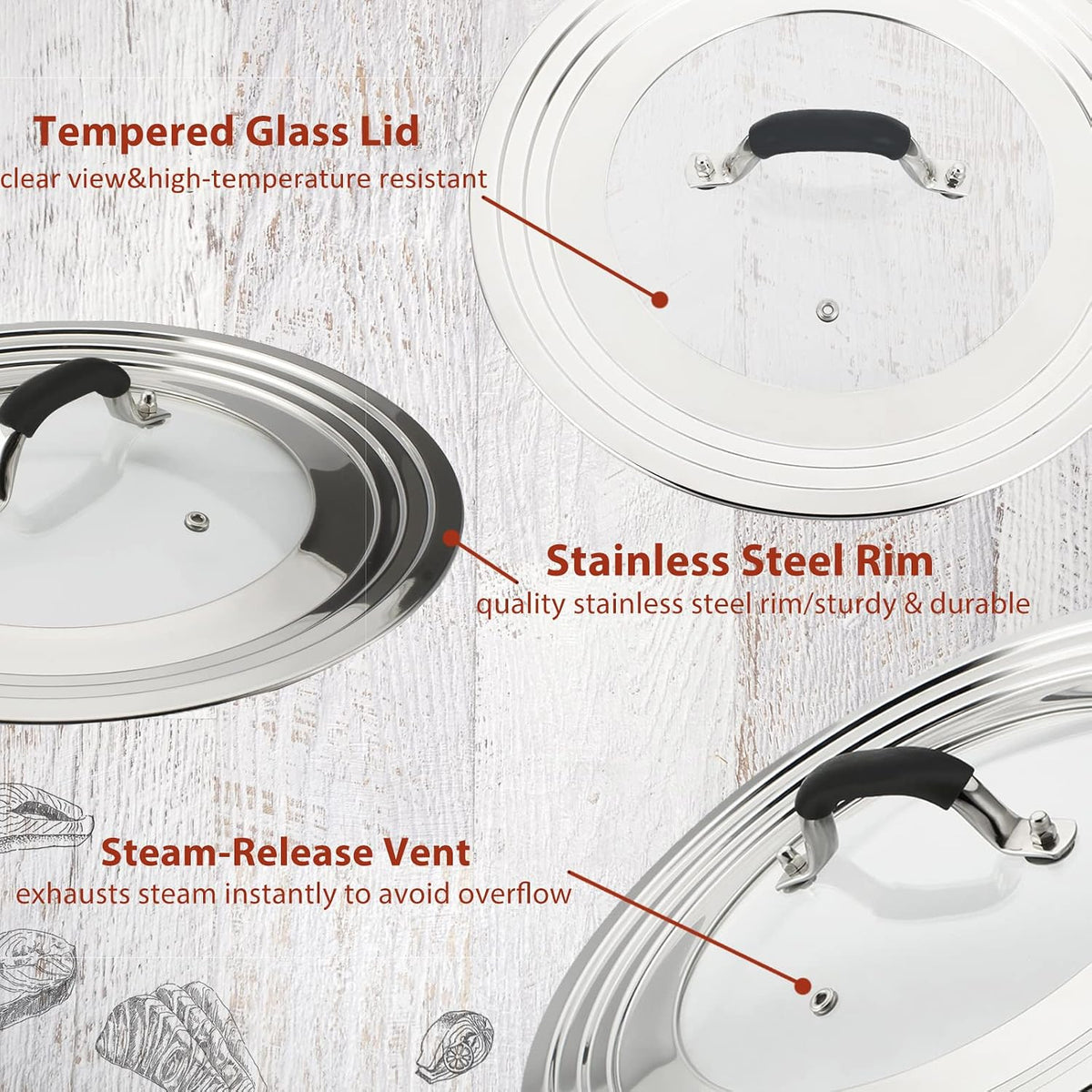 15 Inch Large Universal Pans Pots Lid Cover Fits 11/12/13/14/15" Frying Pans/Pots/Woks, Stainless Steel and Tempered Glass Lid with Vent Hole and Heat Resistant Handle