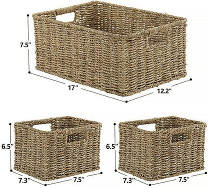 HOONEX Water Hyacinth Storage Baskets, Wicker Baskets for Storage, Hand Woven Baskets with Carry Handles, Set of 2, Natural