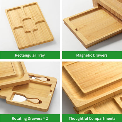 Bamboo charcuterie boards Gift Set - Serving Meat Cheese Board, Charcuterie Board Set with 4 Stainless Steel Cheese Knife, Ideal for House Warming Gifts New Home, Christmas, Bridal Shower Gift