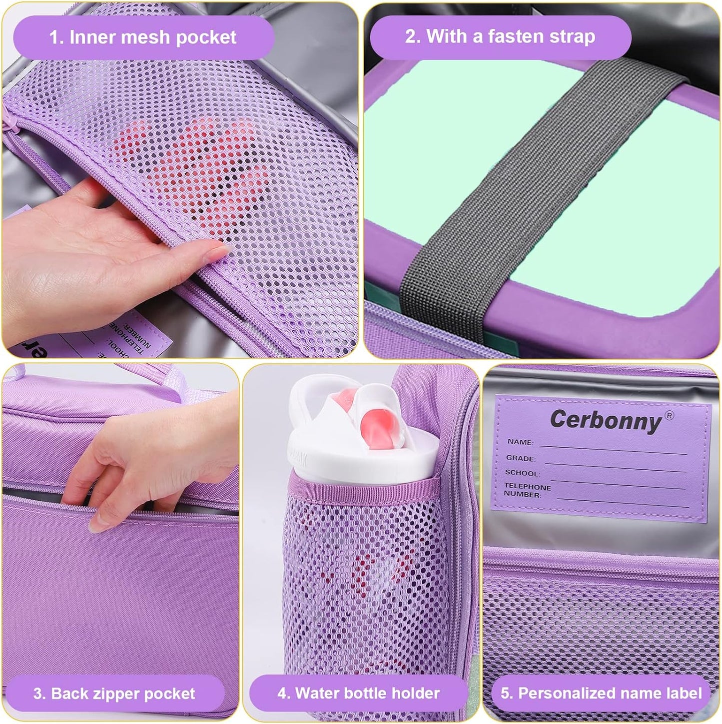 Cerbonny Kids Lunch Box, Insulated Lunch Bag for Girls and Boys, Durable Polyester with PEVA Lining, Adjustable Shoulder Strap, 10.8"L x 4"W x 8.8"H, 5 Pockets