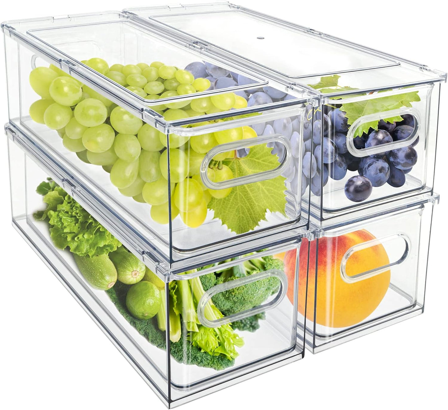 Mano Stackable Fridge Drawers Pull Out Bins with Handle Clear Refrigerator Drawers Organizer Food Storage Container Box with Dividers Plastic Produce Saver for Pantry, Cabinet, Kitchen, Clothes（7Pack）