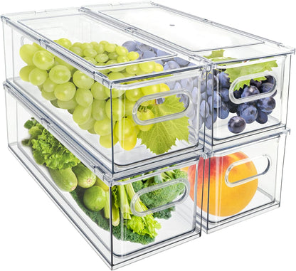 Mano Stackable Fridge Drawers Pull Out Bins with Handle Clear Refrigerator Drawers Organizer Food Storage Container Box with Dividers Plastic Produce Saver for Pantry, Cabinet, Kitchen, Clothes（7Pack）