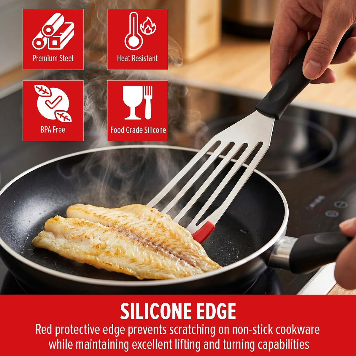 2pcs Silicon Fish Spatula | Heat Resistant | Stainless Steel Turner with Black Handle, Silicone Edge, Thin Slotted Metal Flipper for Nonstick Cookware, Fish, Omelets, Egg, Pancake, Steak