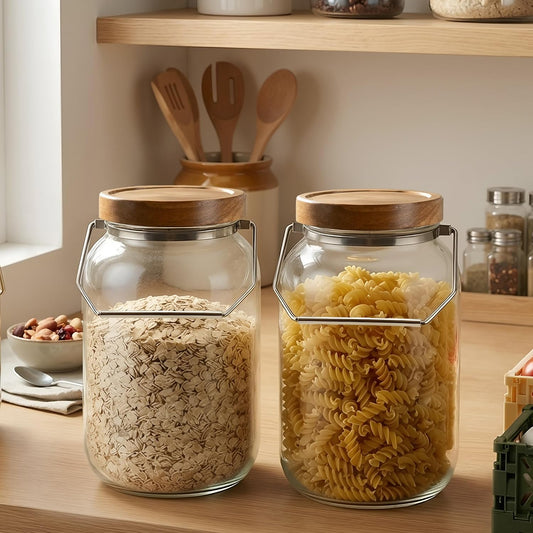 2 Pack Glass Flour Sugar Storage Containers with Handle, 1 Gallon Glass Jars with Airtight Lid, Wide Mouth Large Mason Jars 128oz for Rice, Pasta, Oats, Coffee Storage