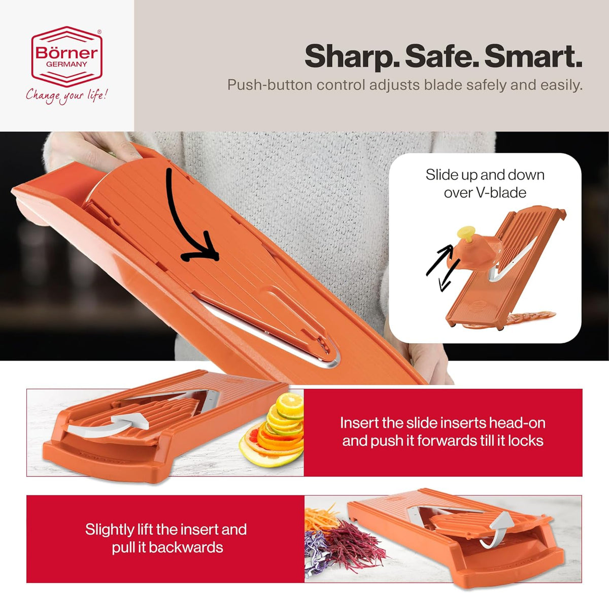 Swissmar Borner V-Slicer Plus Mandoline 5-Piece Set – Professional Kitchen Utensil with Adjustable Inserts – Cuts Potatoes, Cucumbers, Chips & More – Vegetable Slicer with Safety Holder - Orange
