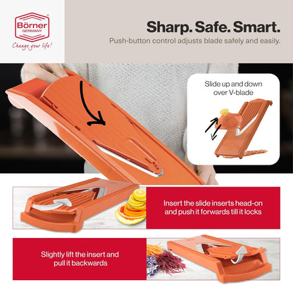 Swissmar Borner V-Slicer Plus Mandoline 5-Piece Set – Professional Kitchen Utensil with Adjustable Inserts – Cuts Potatoes, Cucumbers, Chips & More – Vegetable Slicer with Safety Holder - Orange