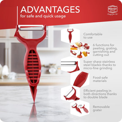 Börner Vegetable Peeler (6-in-1) • Garnishing Peeler with Grater • Multifunctional Peeler for Fruits & Vegetables • Fruit Peeler, Universal Peeler, Potato Peeler • Color: White