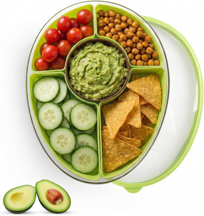 Divided Serving Tray with Lid, 5 Removable Compartments Snack & Veggie avocado shaped Tray with Center Dip Bowl, Portable Food Storage Container for Fruit, Charcuterie, Travel, Work & Parties